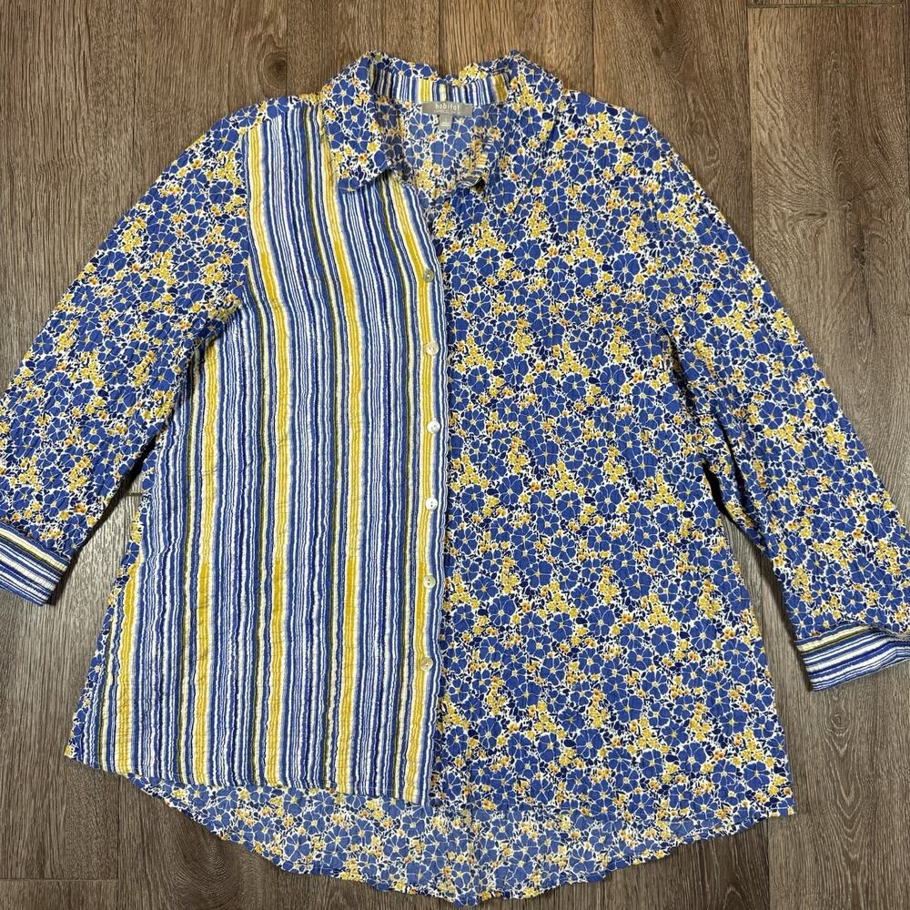 Habitat Clothes to Live In Womens Large Floral Crinkle Button Up Shirt Artsy